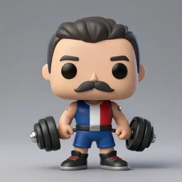 a funko figurine of a french crossfiter with a mustache, barebells accesssories, hyper realistic, 3d rendering, mate painting mix rendering, specular light, 4K -H 2048