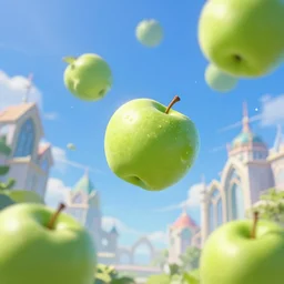 a few green apples falling in the blue sky, a few magical arch buildings in the background, highly detailed, digital painting, artstation, anime style, wow