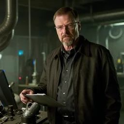film still of Walter White as Gordan Freeman in an underground lab in the Half Life Movie, 4k