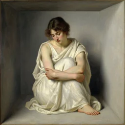 vivid by edwin henry landseer. a beautiful conceptual art. her cell is as bare as mine. she is sitting in the middle, hugging her knees, wrapped in a toga - like garment.