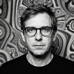 monochrome tommy ingberg portrait of a bespectacled man with a pyschedelic background behind him high definition