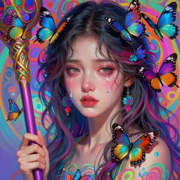 beautiful, young woman, detailed gorgeous face, sad eyes, crying, vaporwave aesthetic, synthwave, colorful, psychedelic, holding a staff, butterflies, birds, digital painting, artstation, concept art, smooth, extremely sharp detail, finely tuned detail, ultra high definition, ultra sharp focus, illustration, art by artgerm and greg rutkowski and alphonse mucha