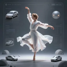 A very detailed digital art rendering and concept design of a beautiful young ethereal man beautifully positioned and dancing in volumetric lighting, three dimensions, a digitally transformed environment, user interface design, 3D modeling, illustration, and transportation design