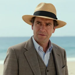 film still of Bob Odenkirk as Stan S Stanman wearing a straw hat and checkerboard suit  in the Monkey Island movie
