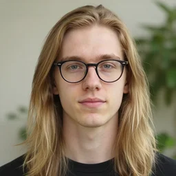 picture of my friend ty ( he has long hair and glasses and is white and blond and has zits on his forehead and is clean shaven and young )