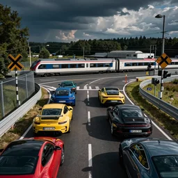 cars waiting for a train to pass at a crossing, on the nurburgring