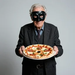 portrait photo of wrinkled old man who is wearing a black pulcinella mask and holding a pizza margherita, studio photography, diffuse light, full body, sharp focus, clear eyes, photo by annie leibovitz