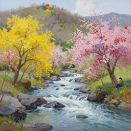 A beautiful landscape oil painting of a hill with trees, a person is walking trhough the river and anoter person is sitting under a tree, the spring has arrived and the trees are blooming and covered with yellow, pink, purple and red flowers, the river come from the waterfall and is zigzagging and flowing its way, the river has lots of dark grey rocks, by Greg Rutkowski