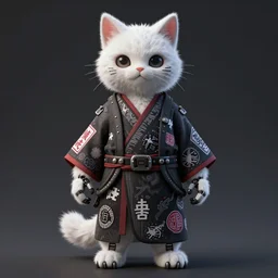 full body portrait of a gothic style punk white fluffy cat robot with kanji tattoos and decals wearing a digital pixelated kimono, intricate design, photo - realistic, octane render, dark colour palette, ultra fine detailed, character design, trending on artstation