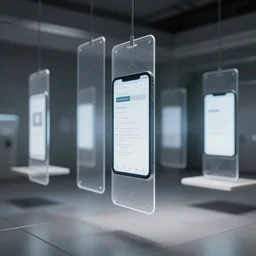 still from a film : floating vr interface with depth of field, a minimalist transparent space station tunnel network, vertically floating panels & soft white marble tablets displaying zooming interfaces and long scrolls and blurry misty glowing floating computer panels, stark chiaroscuro lighting