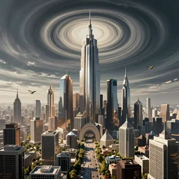 surreal futuristic city, beeple. surrealism, michael hutter. ralph mcquarrie swirly sky, esao andrews, victor enrich, dali