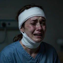 a portrait photograph of a female patient in a mental asylum hospital with a bandaged head and face, damaged and pain and anguish and terror in the darkness, crying, extreme sadness, hopeless, very dark, depressing, grim, moody, atmospheric lighting, cinematic lighting, expressive, by dave mckean