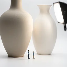 photo still of miniature man next to a giant vase, 8 k, studio lighting bright ambient lighting key light, 8 5 mm f 1. 8