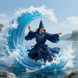 attractive male wizard casting powerful tsunami wave spell in a beautiful lake. highly detailed painting by gaston bussiere, craig mullins, j. c. leyendecker 8 k