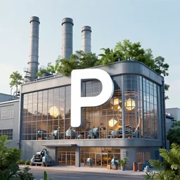 “factory building with trees growing out of its chimneys and large windows showing permutohedra inside being assembled by machines, logo, digital art”