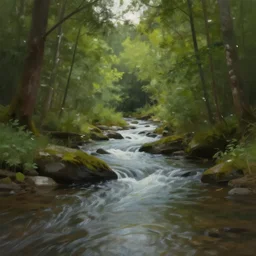 digital art painting of a river running through a forest, very mediocre, not detailed at all.