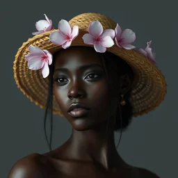 an ebony female wearing a straw hat with sakura on top, au naturel, hyperdetailed, digital art, trending in artstation, cinematic lighting, studio quality, smooth render, unreal engine 5 rendered, octane rendered, art style by klimt, nixeu, ian sprigger, wlop, krenz cushart