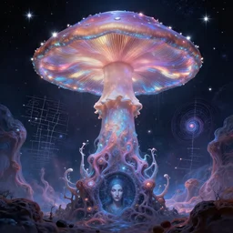 enormous mushroom deity of the stars resides inside void manifold, mycelium forms quantum foam, fractal of scary dirac equations, portrait by ross tran, timeline nexus, ascending universes, a dnd illustration of esoteric concept by cgsociety and james gurney, artstation, hdr, rtx, iridescent wise mushroom deity