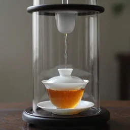 a teacup under a glass cylinder, a glass cylinder over a teacup. DSLR photo