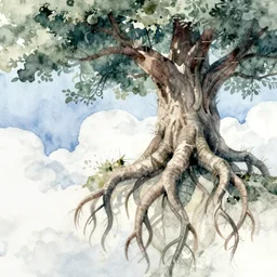 beautiful digital watercolor painting of fantasy tree roots and puffy sky background watercolor lake, greg rutkowki artstation