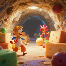 mayhem inside the cheese cavern, bright and colorful octane render, high contrast, ray-tracing, natural lighting, 4k, high quality, trending on artstation