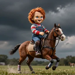 screaming chucky doll playing polo on a horse