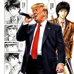 Donald trump, a singer in a heavy metal band in a manga by akira and Miyazaki