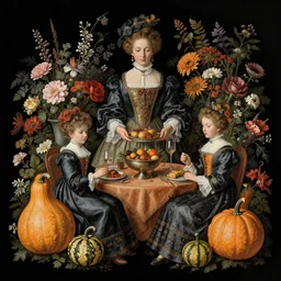 victorian thanksgiving feast, flowers and gourds, black background, vanitas, still life by giuseppe arcimboldo, intricate high detail masterpiece