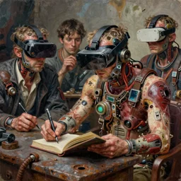 junky men writing book, cybertronic gadgets and vr helmet, flesh + technology, durty colours, rotten textures, rusty shapes, biotechnology, norman rockwell, tim hildebrandt, viktor safonkin, dariusz zawadzki, bruce pennington, larry elmore, intricate details, hyperrealistic oil painting on canvas, deep depth field