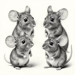 a beautiful pencil drawing of exactly four!!!!! cartoon mice; masterpiece; extremely highly detailed; ultra-realistic; trending on artstation