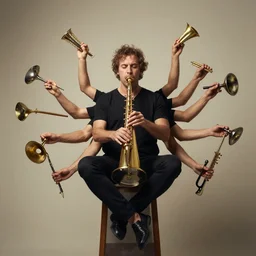 A man with 8 arms playing 8 different musical instruments