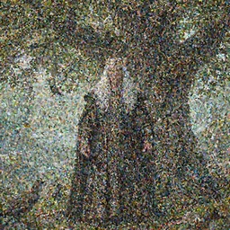 king arthur with long hairs and birds in them stands in front of a giant tree , leaves flying around in the background, art by James Jean and Wayne Barlowe, high detail, cinematic, cgsociety 8k