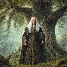 king arthur with long hairs and birds in them stands in front of a giant tree , leaves flying around in the background, art by James Jean and Wayne Barlowe, high detail, cinematic, cgsociety 8k