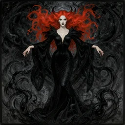style of arthur rackham, artgerm, rafael albuquerque, steve niles : : gorgeous mary elizabeth winstead : : evil sorceress, swirling black magic, black dress : : symmetrical face, symmetrical eyes : : full body pose : : gorgeous red hair : : cinematic lighting : :