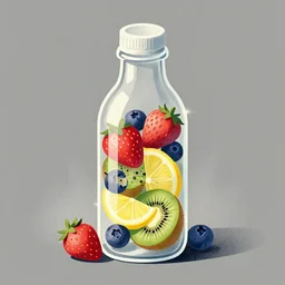 ( ( dithered ) ), editorial illustration strawberries blueberries sliced kiwi sliced lemon inside a clear drinking bottle, isometric, modern art deco, mads berg, karolis strautniekas, christopher balaskas, stippled light, fog, fine texture, dynamic composition, matte print, muted color