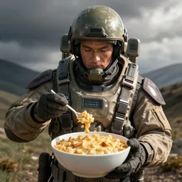 master chief eating a large bowl of mac and cheese