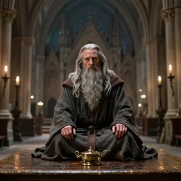 macro shot of Gandalf sitting on a table in the hall of a great castle