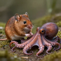 a field mouse sitting next to an octupus,  well composed, best on artstation, cgsociety, epic, stunning, gorgeous, detailed, wow, masterpiece