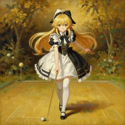 oil painting of elegantly dressed touhou character playing croquet in the garden, beautiful symmetrical face and body, rule of thirds, golden ratio, oil on canvas, highly detailed, warm color scheme art rendition, soft lighting, sharp focus, unique art rendition by adelaide labille - guiard, artemisia gentileschi
