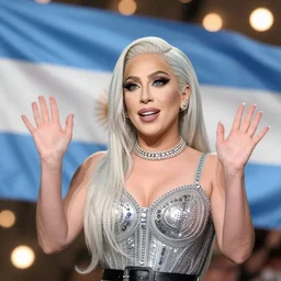 Lady Gaga president of Argentina, Argentina flag behind, bokeh, detailed, hd, waving hands