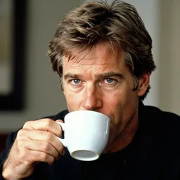 head and shoulders masterpiece portrait of harrison ford drinking coffee, in style of joel meyerowitz