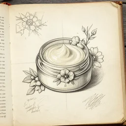 technical drawing of a ointment, beautiful design, flower adorned, delicate, old book, detailed map, notes, scribbles, old paper