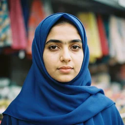 woman stares directly at the camera, her blue hijab framing her face. The background is a blur of colours, possibly a market stall. The photo is taken from a low angle, making the woman appear vulnerable, Nikon DSLR, Kodak Portra 400 film