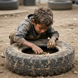 dirt - covered orphan eating tires