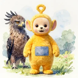 a painting of a teletubby trending on artstation in the style of greg rutkowski, 3 d, watercolor, beautiful, hawk, young, portrait, wolfenstein