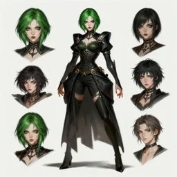 fullbody character concept art of a female league of legends character, short green hair, dark eyes, gothic, wide hips, character concept art, headshot, charlie bowater, anna dittmann, wlop, rumiko takahashi, akihiko yoshida, hyung - tae kim, alexander mcqueen, trending on artstation