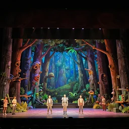 photo of a huge theaterstage, theaterplay is forest gunp, 3 actors on stage, 8 k, multicolored, exaggerated detailed, long shot