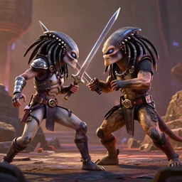 sword fight between alien and predator, pixar animation, dreamworks, octane render, dramatic