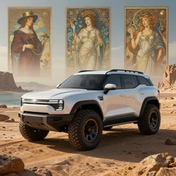 a futuristic offroad suv designed by apple on socotra island, artgerm and greg rutkowski and alphonse mucha, an epic fantasy, volumetric light, detailed, trending on art station, octane render, midsommar