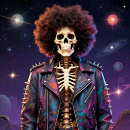 skeleton with an afro wearing a spiked leather jacket, stylized, hippie colors, spacey, solar system background